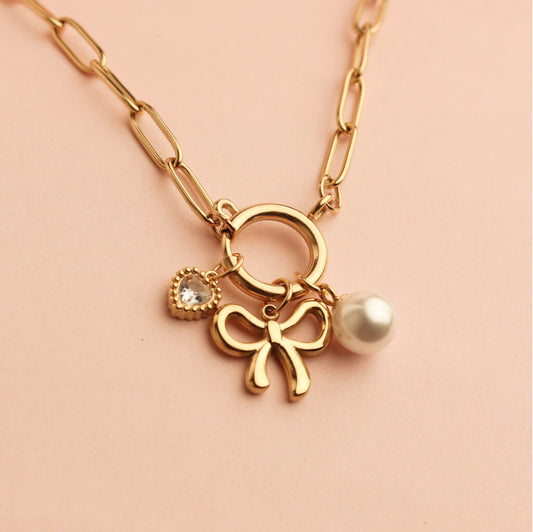 Bow Pearl Charm Necklace