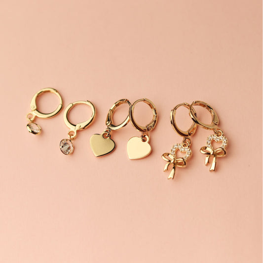 Golden Romance Earrings Set – Hearts, Bows & Crystals