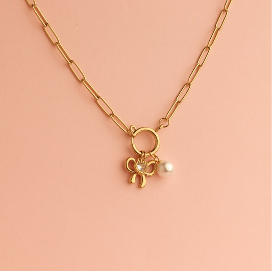 Bow Pearl Charm Necklace
