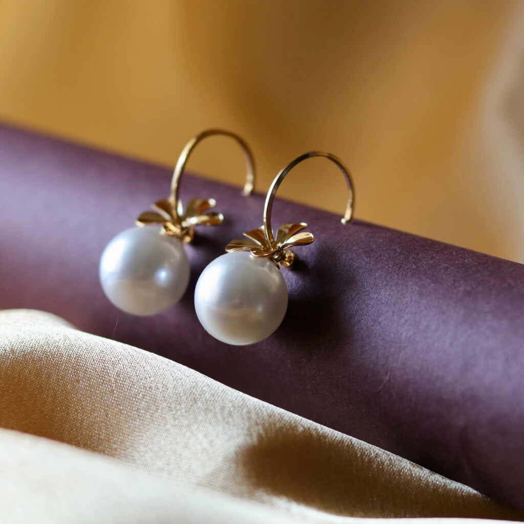 Golden Petal Pearl Hoops Earrings