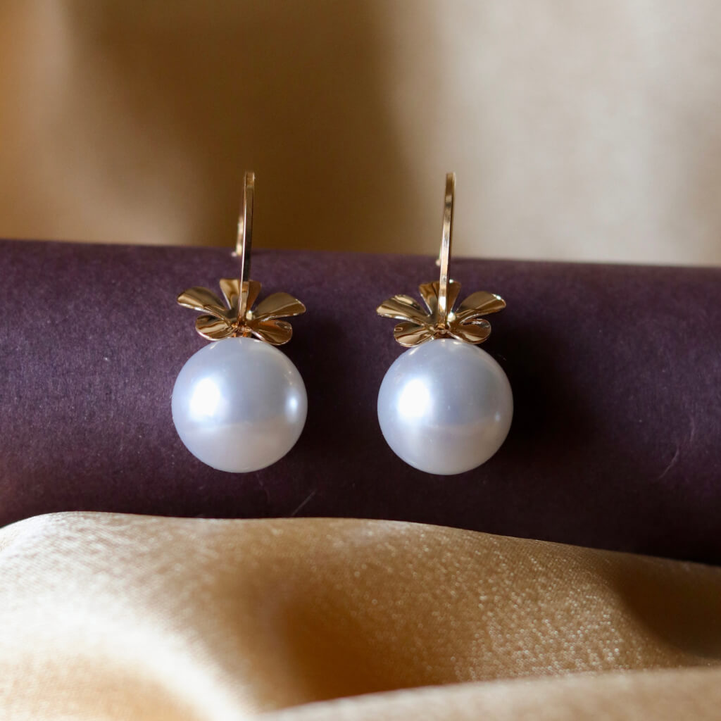 Golden Petal Pearl Hoops Earrings