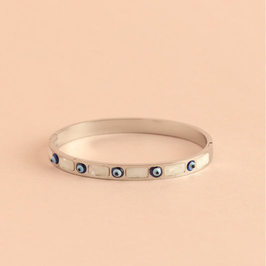 Silver Evil Eye Bracelet with Mother of Pearl Inlay